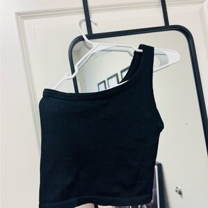 American Threads Ribbed Asymmetrical Tank Top - Black - Medium